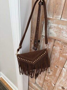 NWT, Brown Western Boho Suede Fringe Crossbody Bag with Stud Details
